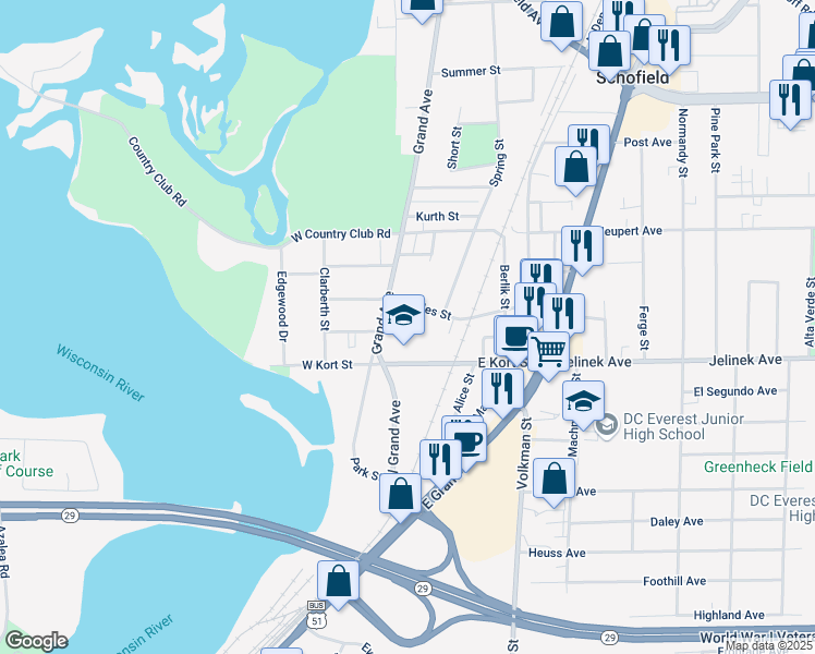map of restaurants, bars, coffee shops, grocery stores, and more near 2035 Grand Avenue in Schofield