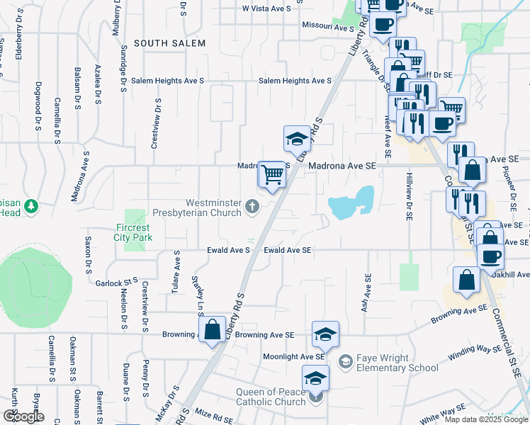 map of restaurants, bars, coffee shops, grocery stores, and more near 3655 Liberty Road South in Salem