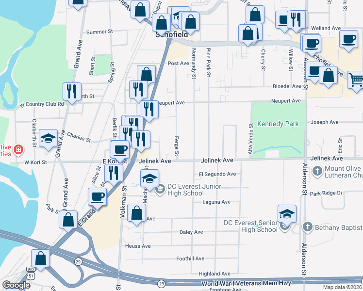 map of restaurants, bars, coffee shops, grocery stores, and more near 5909 Ferge Street in Schofield
