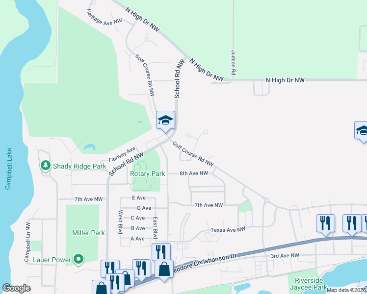 map of restaurants, bars, coffee shops, grocery stores, and more near 955 Ludtke Lane Northwest in Hutchinson