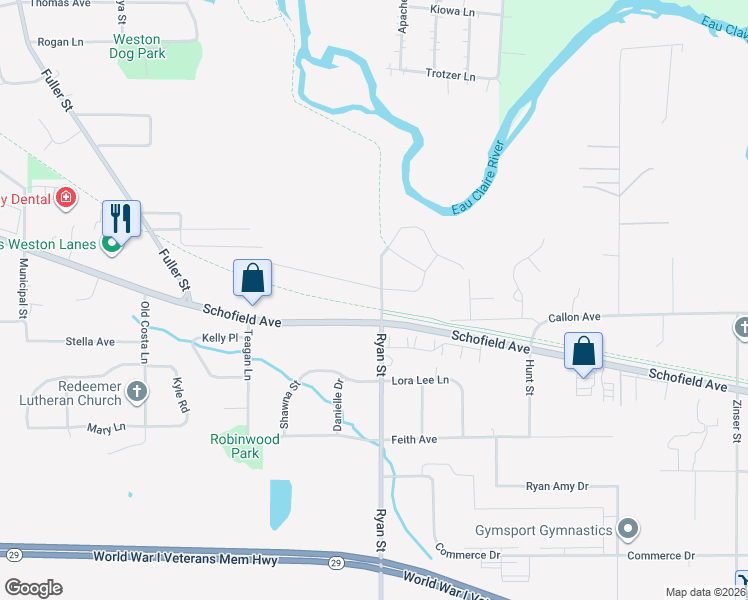 map of restaurants, bars, coffee shops, grocery stores, and more near 6807 Lang Lane in Schofield