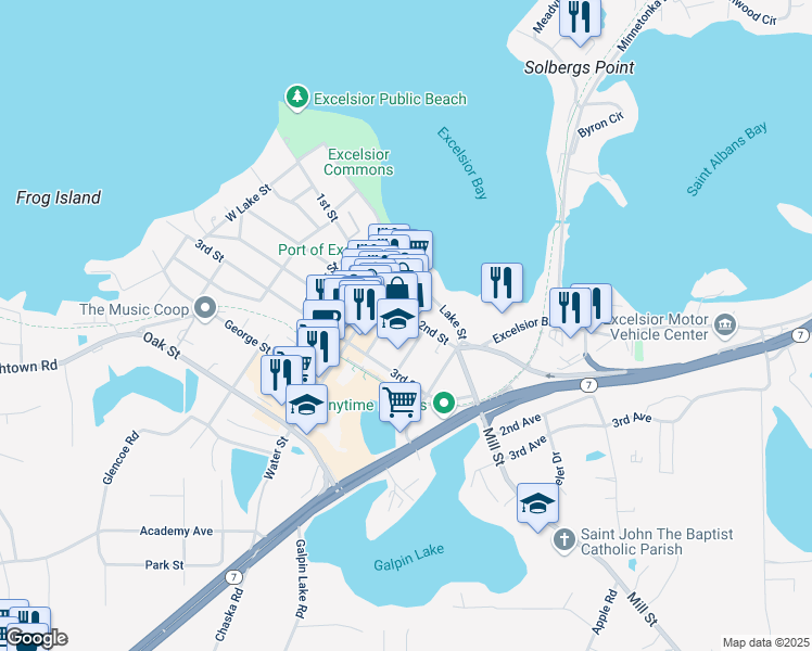 map of restaurants, bars, coffee shops, grocery stores, and more near 443 Union Place in Excelsior