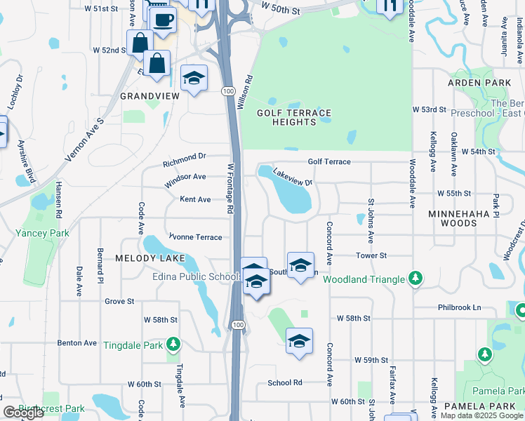 map of restaurants, bars, coffee shops, grocery stores, and more near 4910 Lakeview Drive in Edina
