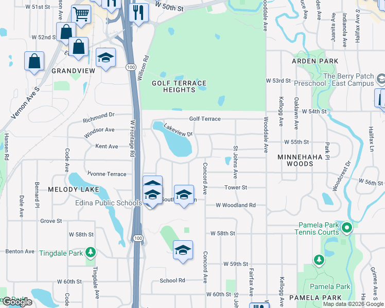 map of restaurants, bars, coffee shops, grocery stores, and more near 5506 Lakeview Drive in Minneapolis