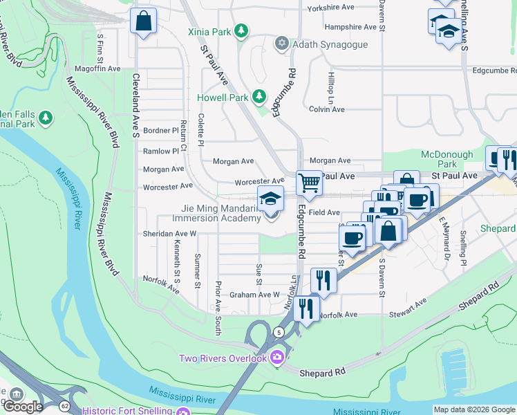 map of restaurants, bars, coffee shops, grocery stores, and more near 1888 Field Avenue in Saint Paul