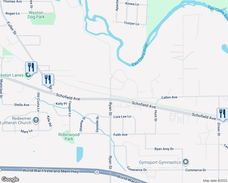 map of restaurants, bars, coffee shops, grocery stores, and more near 6807 Lang Lane in Schofield