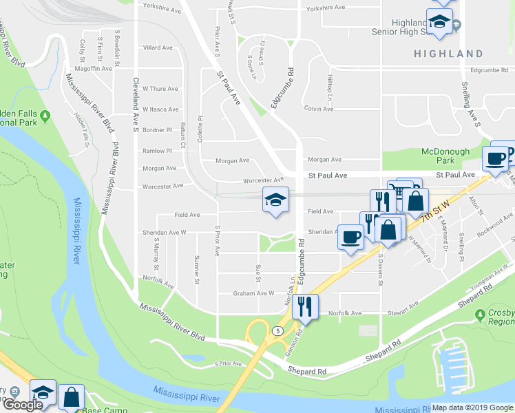 map of restaurants, bars, coffee shops, grocery stores, and more near 1888 Field Avenue in Saint Paul