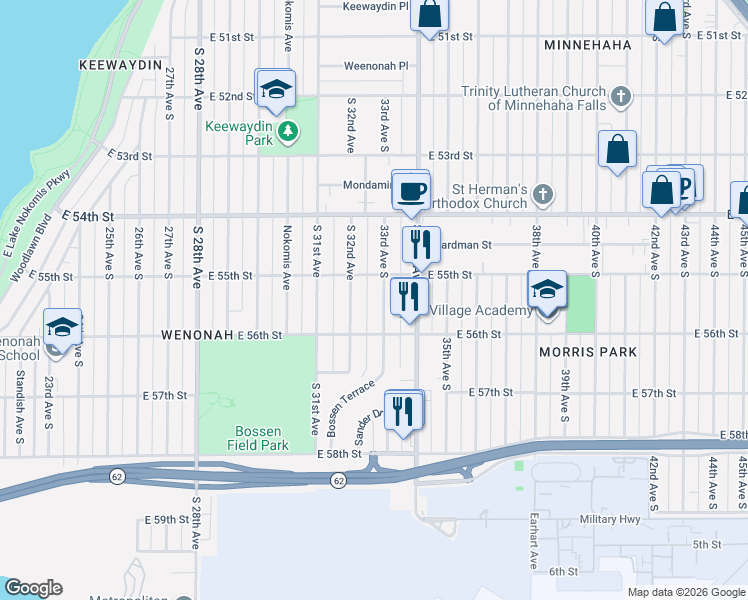 map of restaurants, bars, coffee shops, grocery stores, and more near 5532 33rd Avenue South in Minneapolis