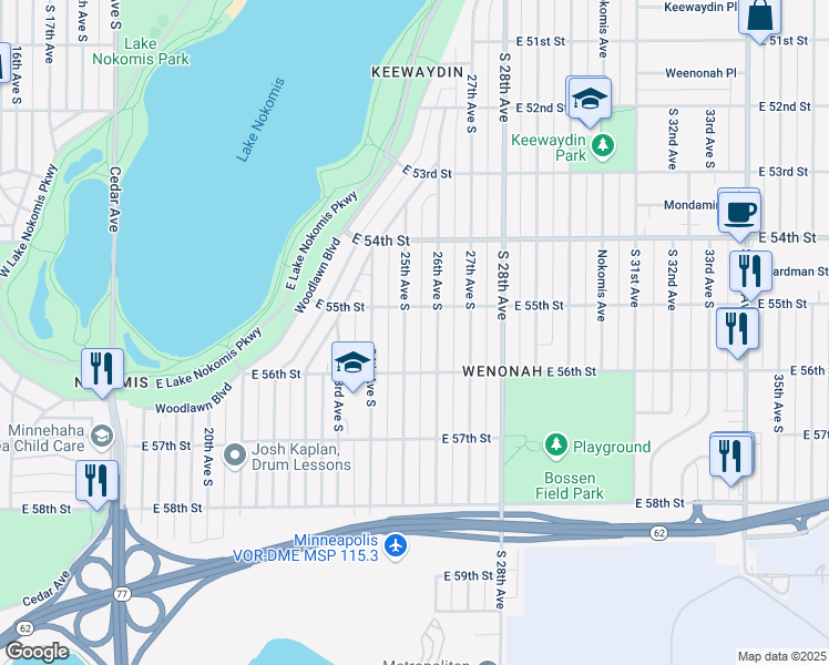 map of restaurants, bars, coffee shops, grocery stores, and more near 5532 26th Avenue South in Minneapolis