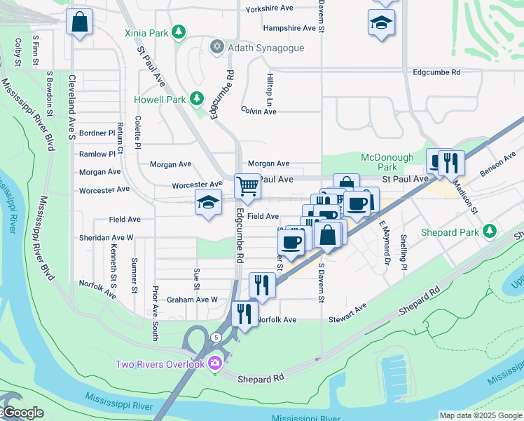 map of restaurants, bars, coffee shops, grocery stores, and more near 1774 Field Avenue in Saint Paul
