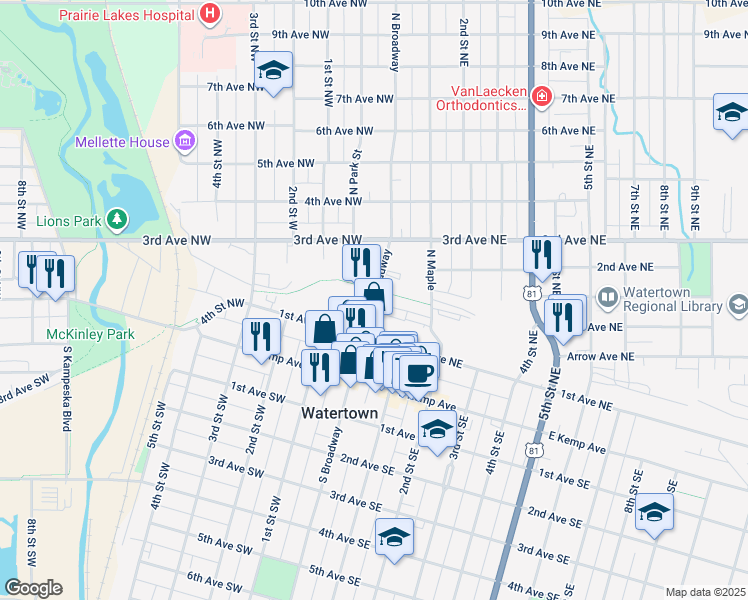 map of restaurants, bars, coffee shops, grocery stores, and more near 168 North Broadway in Watertown