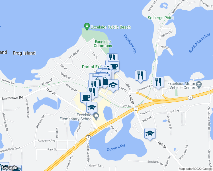 map of restaurants, bars, coffee shops, grocery stores, and more near 227 Water Street in Excelsior