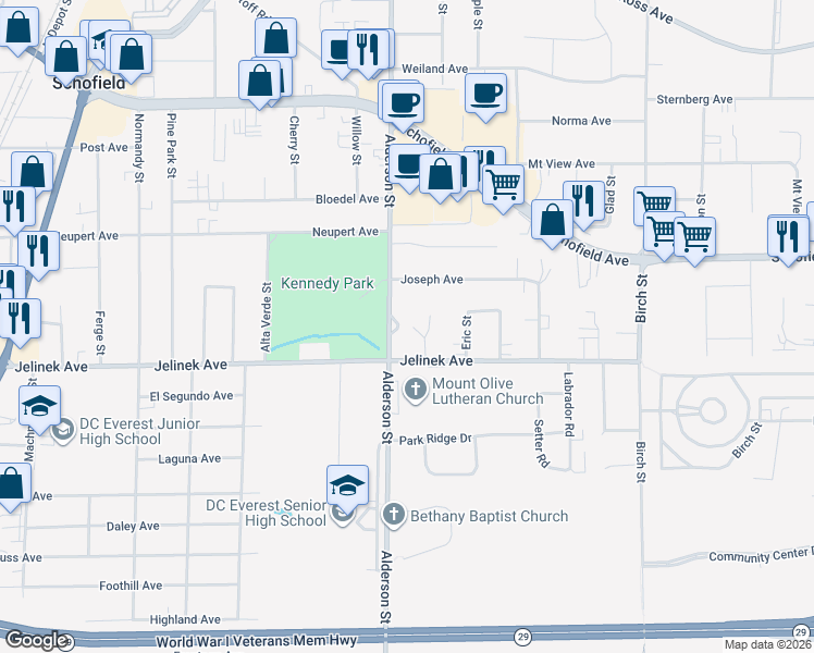 map of restaurants, bars, coffee shops, grocery stores, and more near 6015 Alderson Street in Schofield