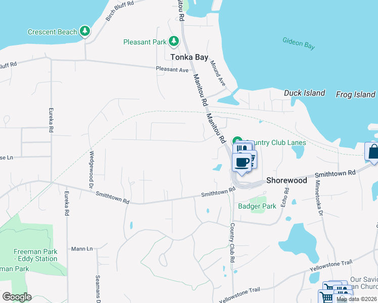 map of restaurants, bars, coffee shops, grocery stores, and more near 24645 Glen Road in Excelsior