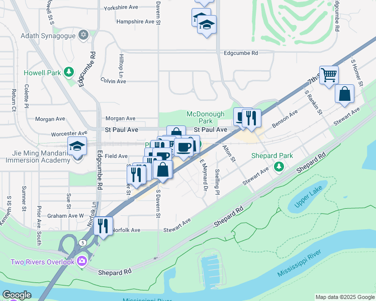 map of restaurants, bars, coffee shops, grocery stores, and more near 2423 7th Street West in Saint Paul