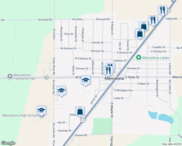 map of restaurants, bars, coffee shops, grocery stores, and more near 302 West State Street in Mancelona
