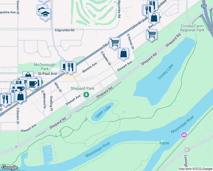 map of restaurants, bars, coffee shops, grocery stores, and more near 2221 Youngman Avenue West in Saint Paul