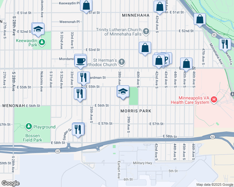map of restaurants, bars, coffee shops, grocery stores, and more near 5533 38th Avenue South in Minneapolis