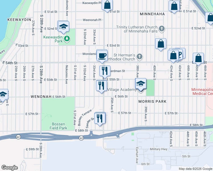 map of restaurants, bars, coffee shops, grocery stores, and more near 5536 35th Avenue South in Minneapolis
