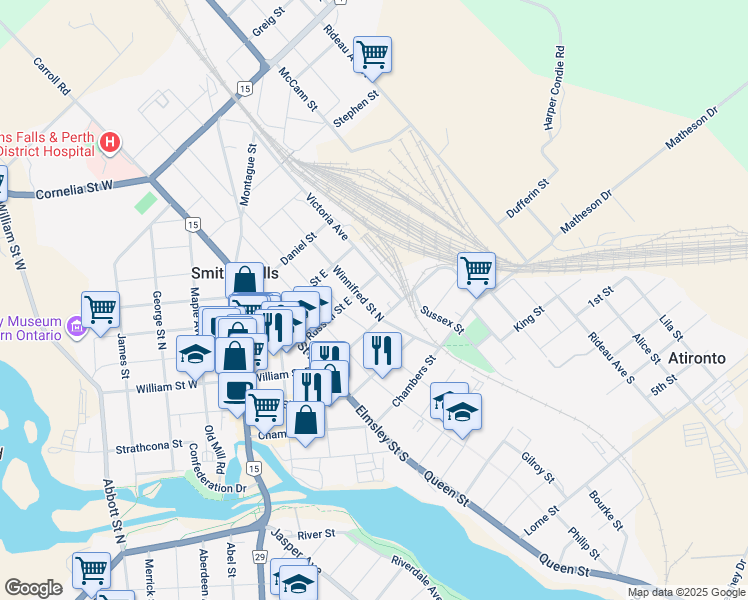 map of restaurants, bars, coffee shops, grocery stores, and more near 27 Winnifred Street North in Smiths Falls