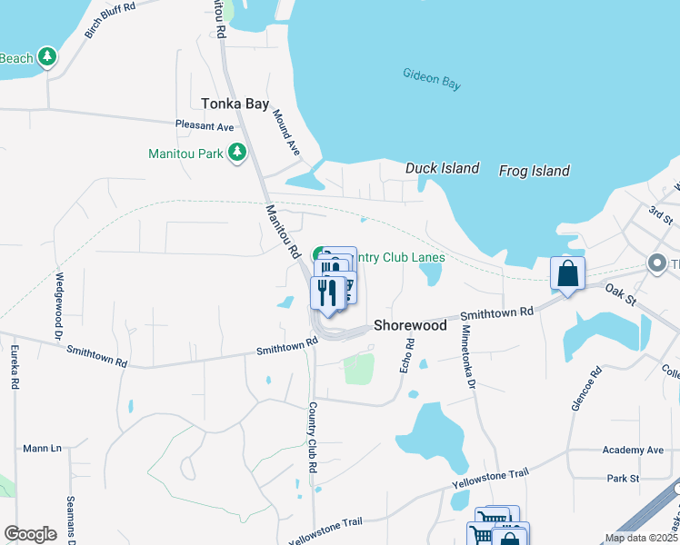 map of restaurants, bars, coffee shops, grocery stores, and more near 5603 Manitou Road in Minnetrista