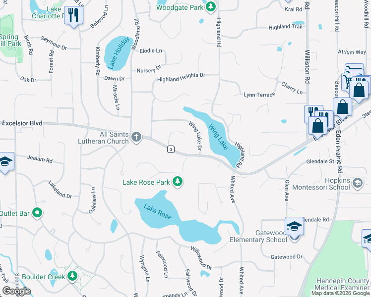 map of restaurants, bars, coffee shops, grocery stores, and more near 15700 County Road 3 in Minnetonka