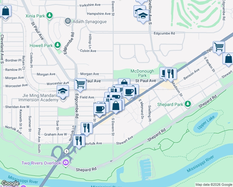 map of restaurants, bars, coffee shops, grocery stores, and more near 1280 South Davern Street in Saint Paul