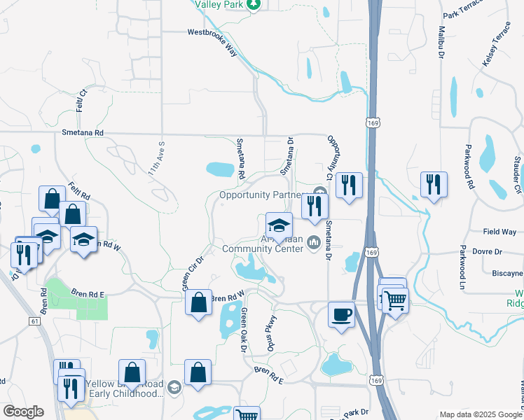 map of restaurants, bars, coffee shops, grocery stores, and more near 5627 Green Circle Drive in Hopkins