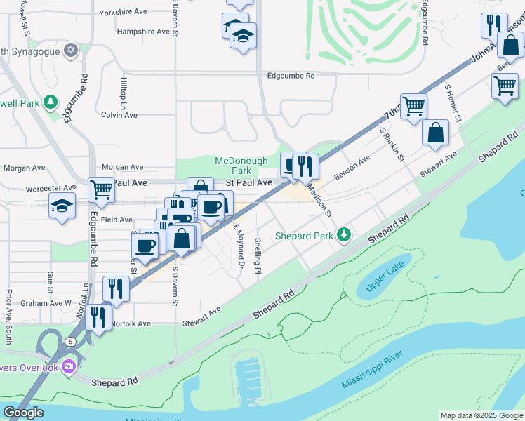 map of restaurants, bars, coffee shops, grocery stores, and more near 2396 Benson Avenue in Saint Paul