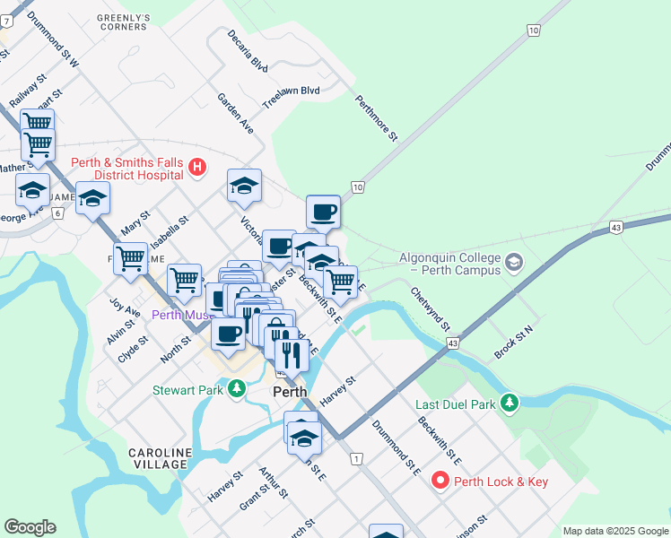 map of restaurants, bars, coffee shops, grocery stores, and more near in Perth