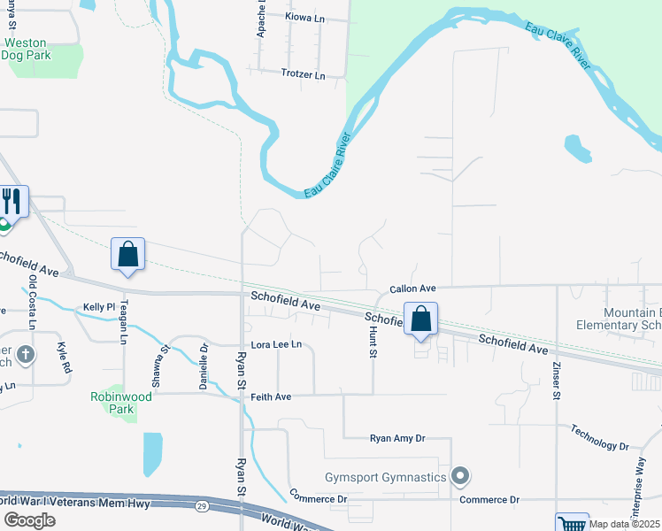 map of restaurants, bars, coffee shops, grocery stores, and more near 7305 Fountain Circle in Schofield