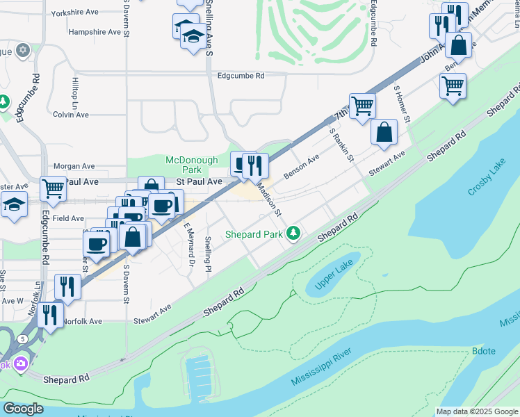 map of restaurants, bars, coffee shops, grocery stores, and more near 2335 Stewart Avenue in Saint Paul