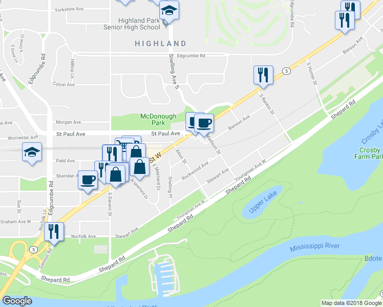 map of restaurants, bars, coffee shops, grocery stores, and more near 649 South Snelling Avenue in Saint Paul