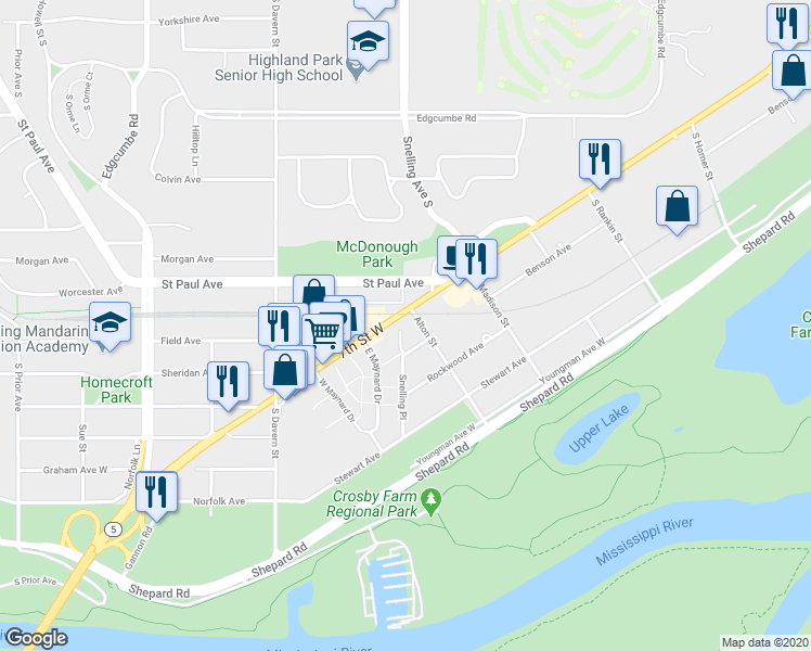 map of restaurants, bars, coffee shops, grocery stores, and more near 2396 Benson Avenue in Saint Paul