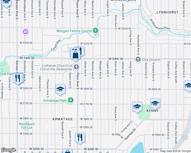 map of restaurants, bars, coffee shops, grocery stores, and more near 5521 Newton Avenue South in Minneapolis