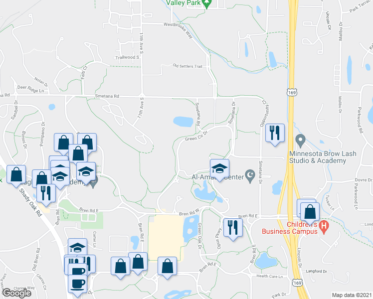 map of restaurants, bars, coffee shops, grocery stores, and more near 5643 Green Cir Dr in Hopkins