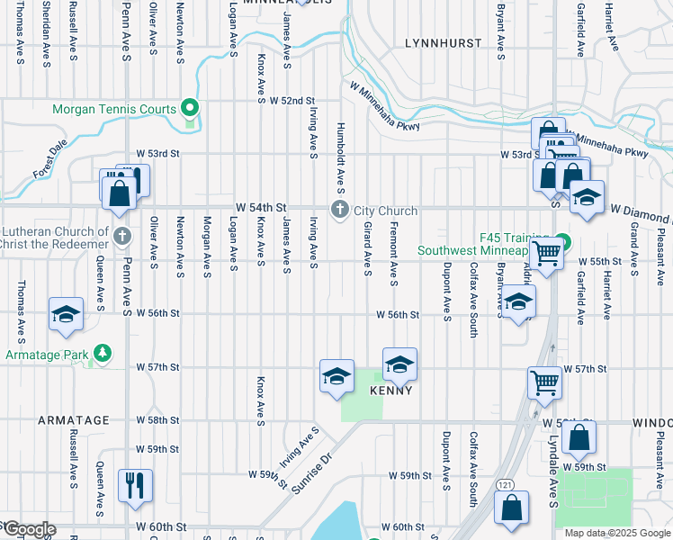 map of restaurants, bars, coffee shops, grocery stores, and more near 5515 Humboldt Circle in Minneapolis