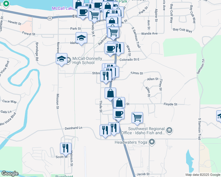 map of restaurants, bars, coffee shops, grocery stores, and more near 308 North 3rd Street in McCall
