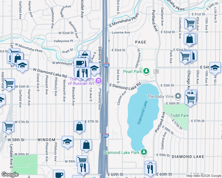 map of restaurants, bars, coffee shops, grocery stores, and more near 5600 2nd Avenue South in Minneapolis