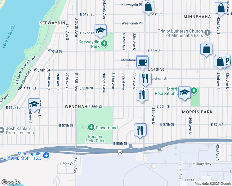 map of restaurants, bars, coffee shops, grocery stores, and more near 5532 South 32nd Avenue in Minneapolis