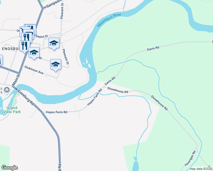 map of restaurants, bars, coffee shops, grocery stores, and more near 32 Davis Road in Enosburg