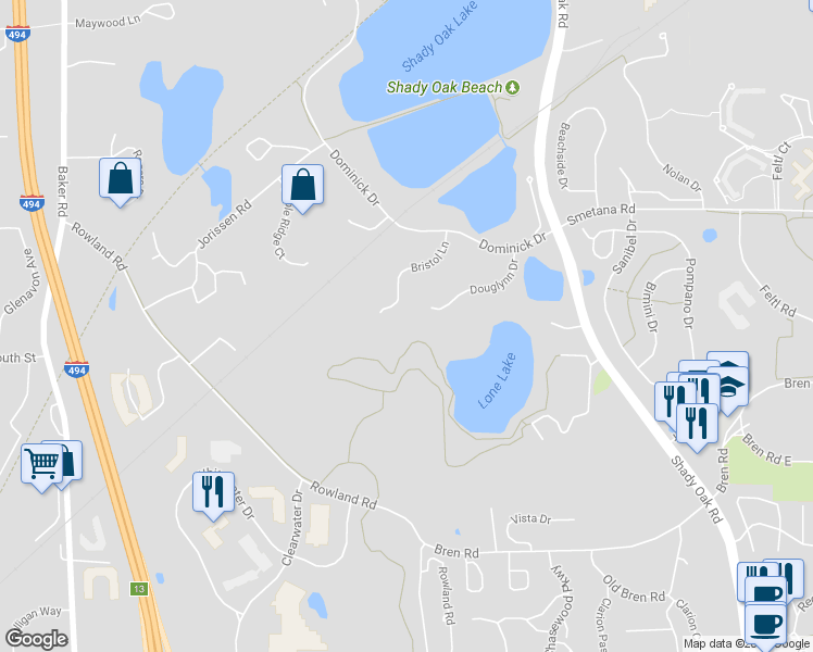 map of restaurants, bars, coffee shops, grocery stores, and more near 5575 Bristol Lane in Minnetonka