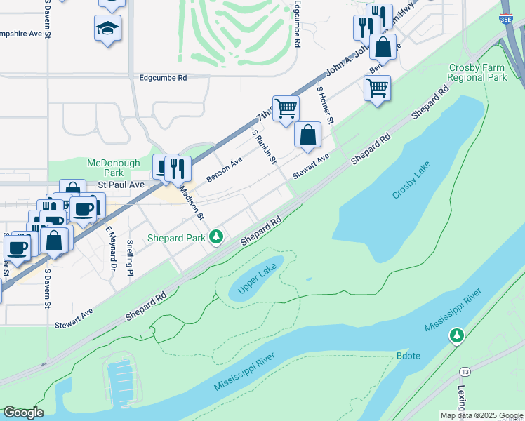 map of restaurants, bars, coffee shops, grocery stores, and more near 2221 Youngman Avenue West in Saint Paul