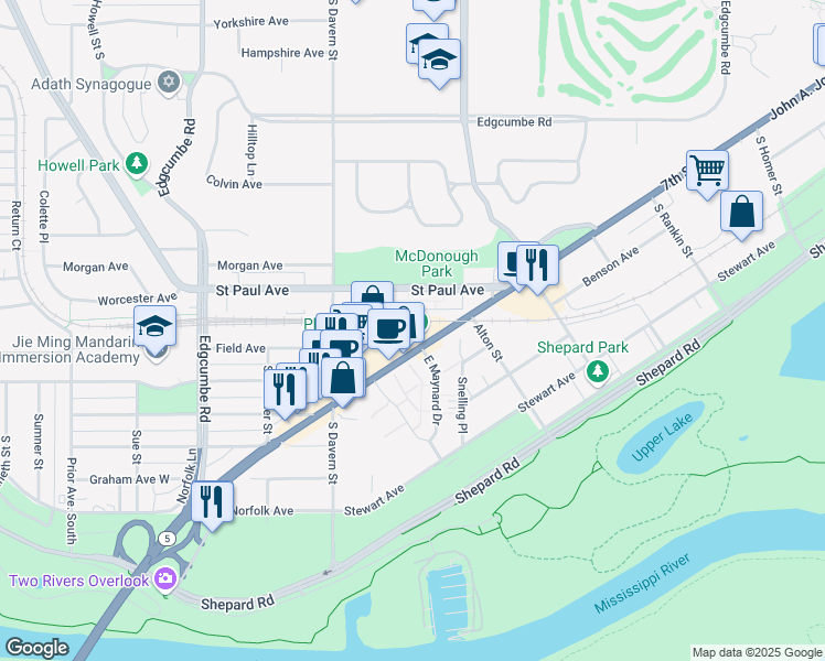 map of restaurants, bars, coffee shops, grocery stores, and more near 2423 7th Street West in Saint Paul