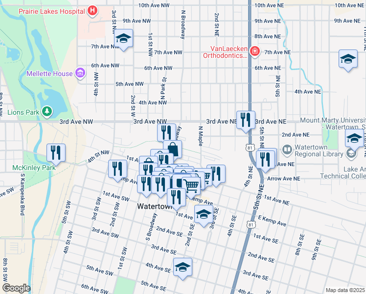 map of restaurants, bars, coffee shops, grocery stores, and more near 168 North Broadway in Watertown