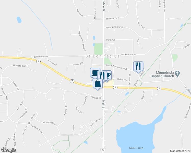 map of restaurants, bars, coffee shops, grocery stores, and more near 4076 Tower Street in St. Bonifacius