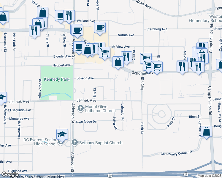 map of restaurants, bars, coffee shops, grocery stores, and more near 2902 Jelinek Avenue in Weston