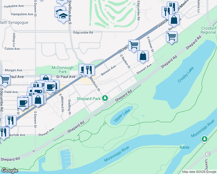 map of restaurants, bars, coffee shops, grocery stores, and more near 1320 Madison Street in Saint Paul