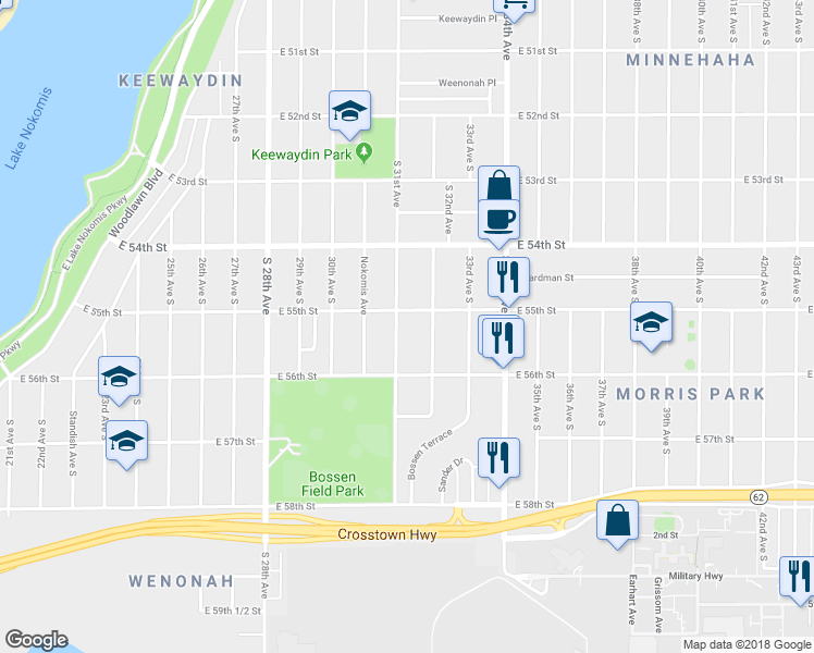 map of restaurants, bars, coffee shops, grocery stores, and more near 5530 South 32nd Avenue in Minneapolis