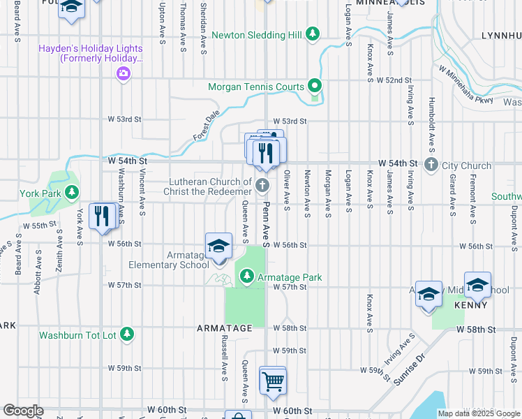 map of restaurants, bars, coffee shops, grocery stores, and more near 5520 Penn Avenue South in Minneapolis